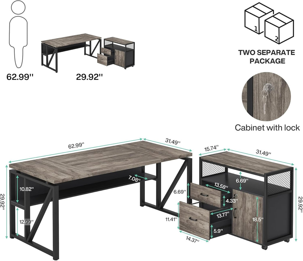 Tribesigns L Shaped Desk with Drawer Cabinet, 63" Executive Computer Desk and lateral File Cabinet, 2 Piece Home Office Furniture with Drawers for Hanging File, Doors with Locks (Gray, 63 inches)