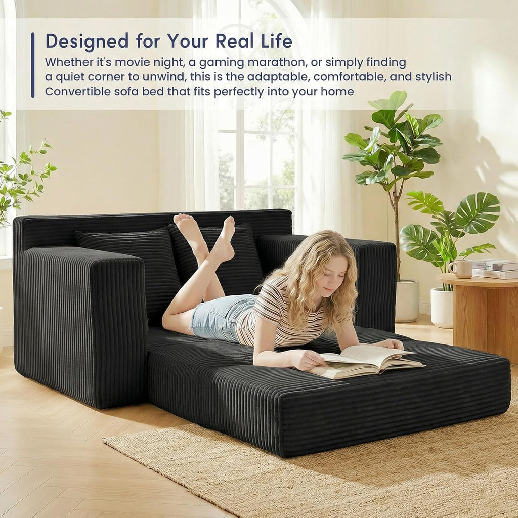 Boneless Couch Loveseat Sleeper, Convertible Sofa Bed Folding Couch Bed Foldable, 2 in 1 Boneless Chair Bed & Futon Sofa Bed, Small Pull Out Sofa with 4 Pillows for Living Room, Black | No Assembly, Convertible, 2 in 1, Pull Out Handle, 4 Pillows