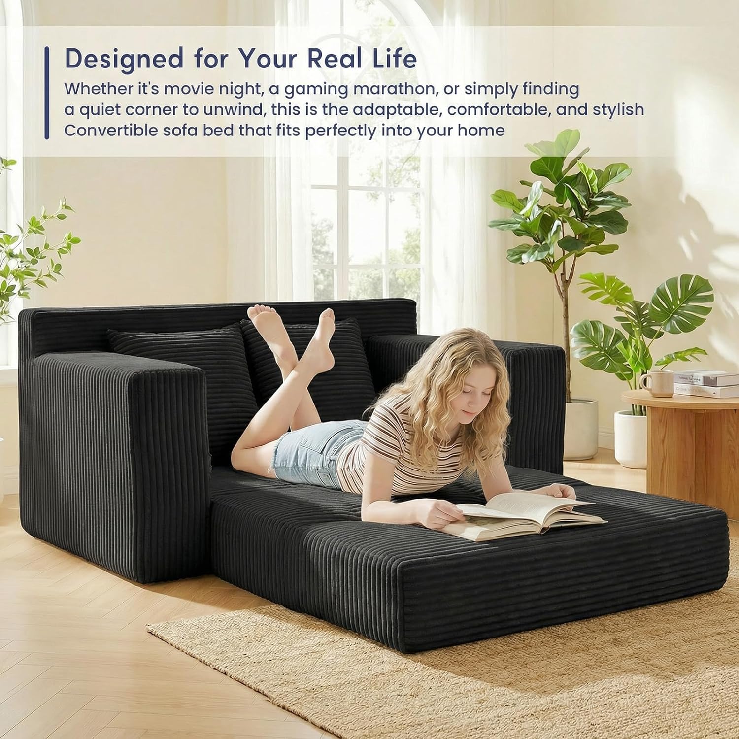 Boneless Couch Loveseat Sleeper, Convertible Sofa Bed Folding Couch Bed Foldable, 2 in 1 Boneless Chair Bed & Futon Sofa Bed, Small Pull Out Sofa with 4 Pillows for Living Room, Black | No Assembly, Convertible, 2 in 1, Pull Out Handle, 4 Pillows