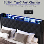 Lift Up Storage Bed Full, Bed Frame Full Size with Charging Station & Led Lights, Upholstered Storage Bed with Wingback 2-Tier Bookcase Headboard, Hydraulic Lift, No Box Spring Needed,Black | lift up bed, breathable material