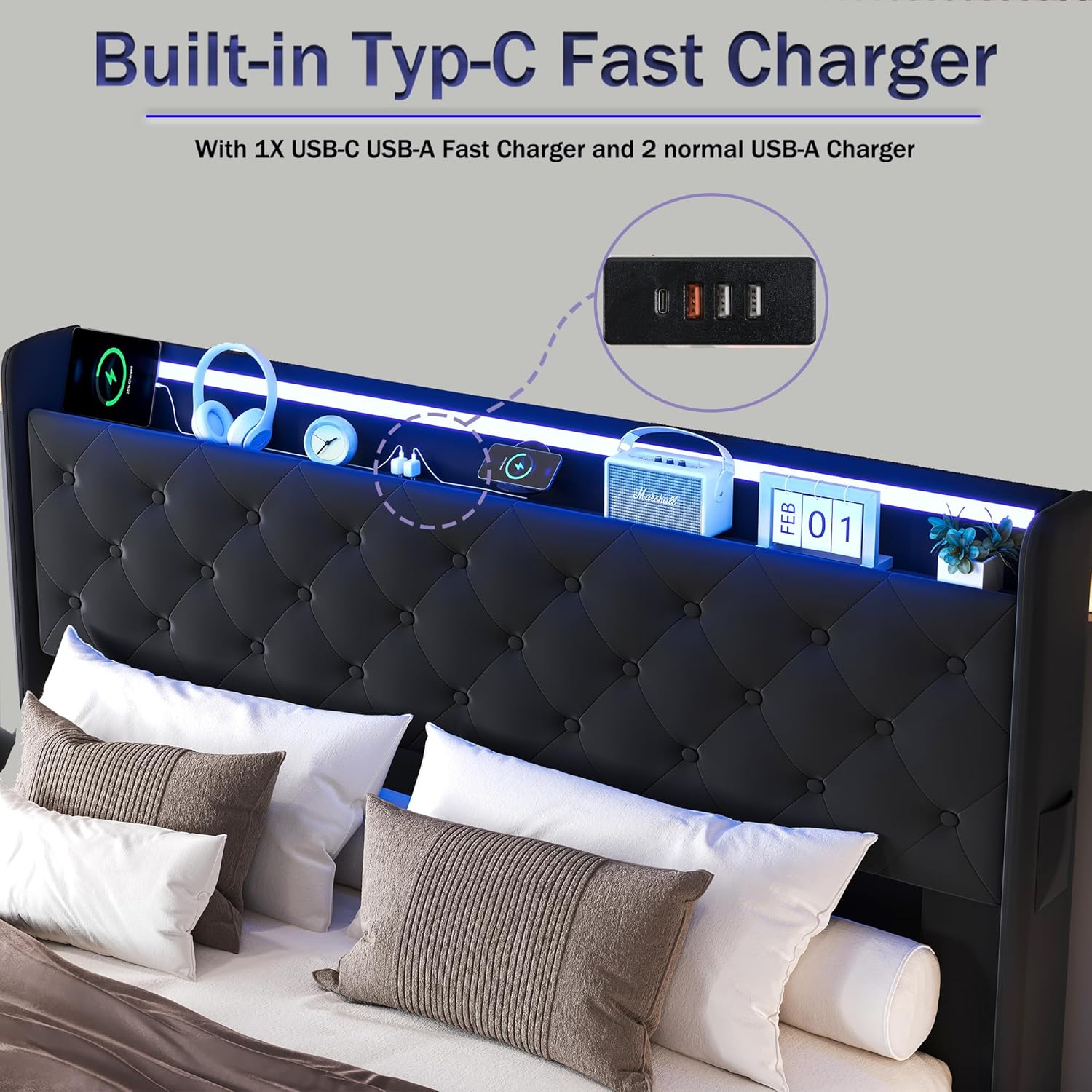 Lift Up Storage Bed Full, Bed Frame Full Size with Charging Station & Led Lights, Upholstered Storage Bed with Wingback 2-Tier Bookcase Headboard, Hydraulic Lift, No Box Spring Needed,Black | lift up bed, breathable material