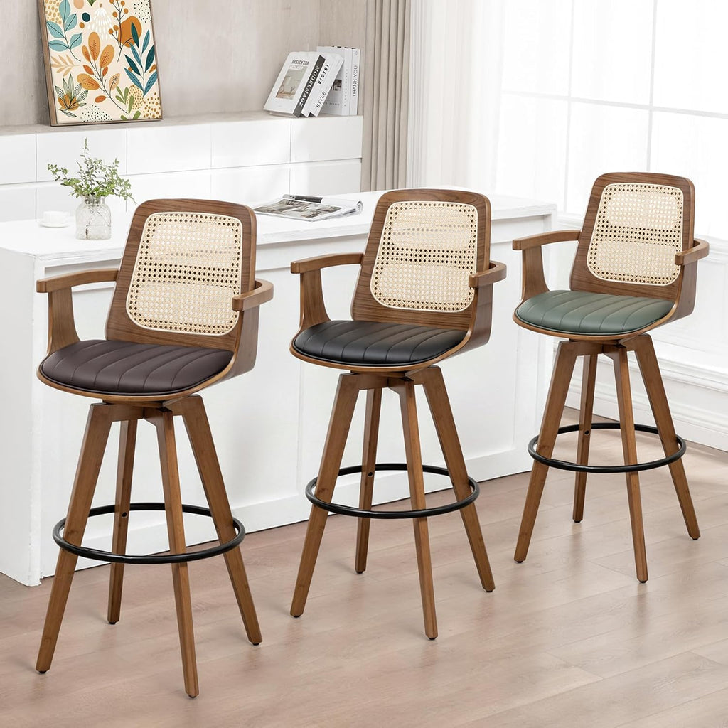 Counter Height Stools Set of 2, 26.3" Seat Height 360° Swivel Stools with Ergonomic Rattan Back, Faux Leather Seat, Bamboo Legs with Walnut Finish, Mid-Century Style (Cream)
