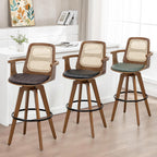 Counter Height Stools Set of 2, 26.3" Seat Height 360° Swivel Stools with Ergonomic Rattan Back, Faux Leather Seat, Bamboo Legs with Walnut Finish, Mid-Century Style (Cream)
