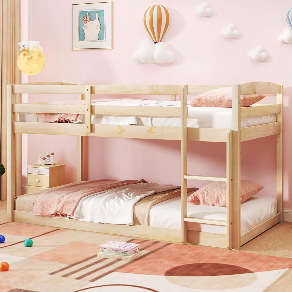 Giantex Twin Low Bunk Bed, Solid Wood Twin Over Twin Bunk Bed Frame with Full Guardrails & Integrated Ladder, Floor Twin Bunk Beds for Kids Boys and Girls, No Box Spring Needed, Natural