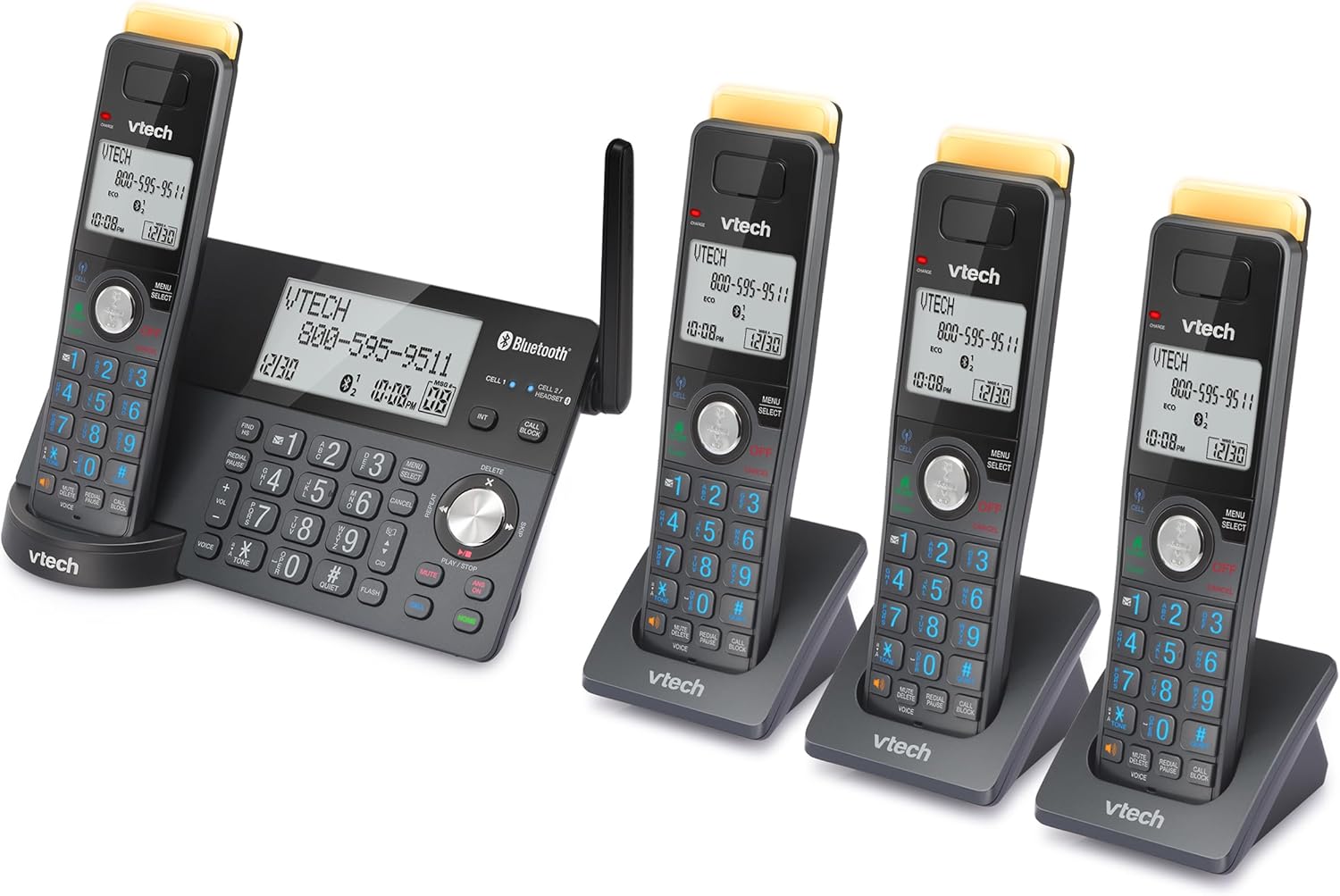 VTech IS8128-41 Super Long Range 4-Handset DECT 6.0 Cordless Phone for Home with Answering Machine, 2300 ft Range, Call Blocking, Bluetooth Connect to Cell, Intercom
