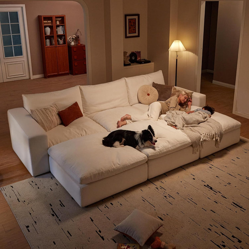 Cloud Couch Sectional 113.8'' Oversized Modular Deep Seat Sofa L Shaped Comfy White Cloud Couch with Washable Cover for Living Room 3 Seater with 1 Ottoman
