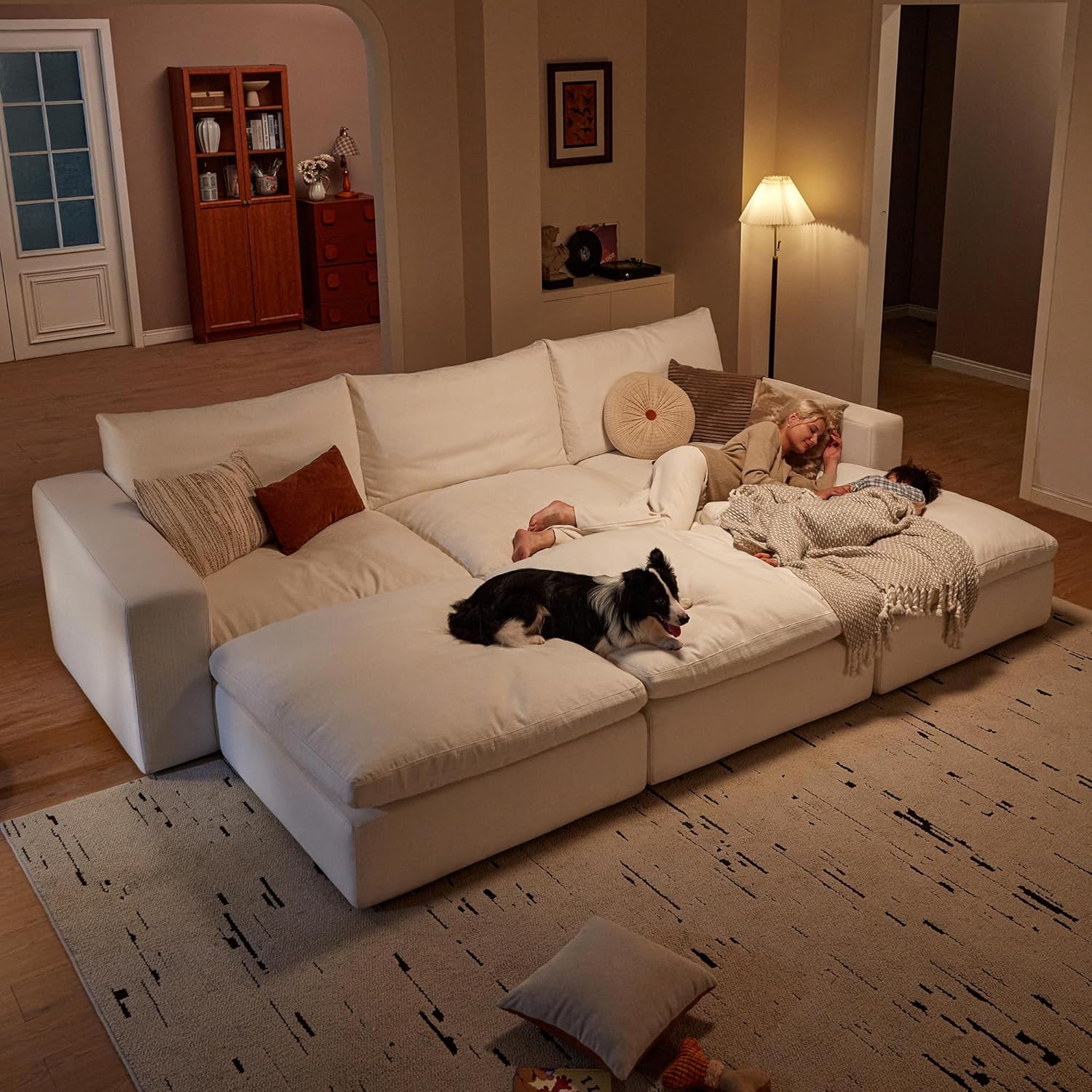 Cloud Couch Sectional 113.8'' Oversized Modular Deep Seat Sofa L Shaped Comfy White Cloud Couch with Washable Cover for Living Room 3 Seater with 1 Ottoman