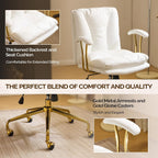 VINGLI Home Office Desk Chair Comfy with Wheels & Removable Armrests,Gold Base Vanity Chair with Back, Adjustable Rolling Swivel Computer Task Chair for Study,Makeup,Office,Bedroom,PU Leather,White
