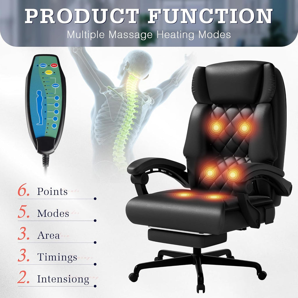 Furmax Massage Office Chair with Foot Rest 6 Points Vibration 400LBS Big and Tall Office Chair for Heavy People High Back Reclining Executive Computer Chair for Home Office Desk (Black)