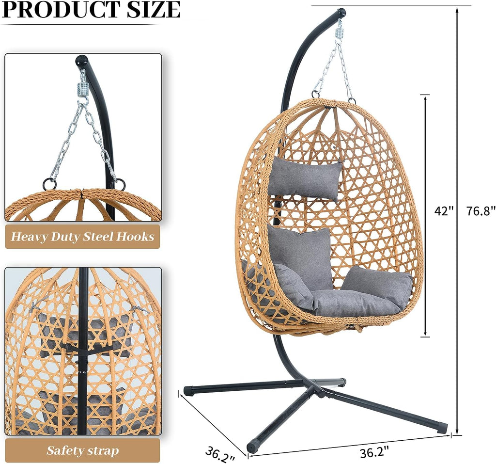 EortheX Hanging Egg Chair with Cushions – Comfortable Rattan Swing Chair with Stand for Patio, Garden, or Balcony – Stylish and Relaxing Outdoor Lounge Chair, 350LBS Capacity Indoor Outdoor