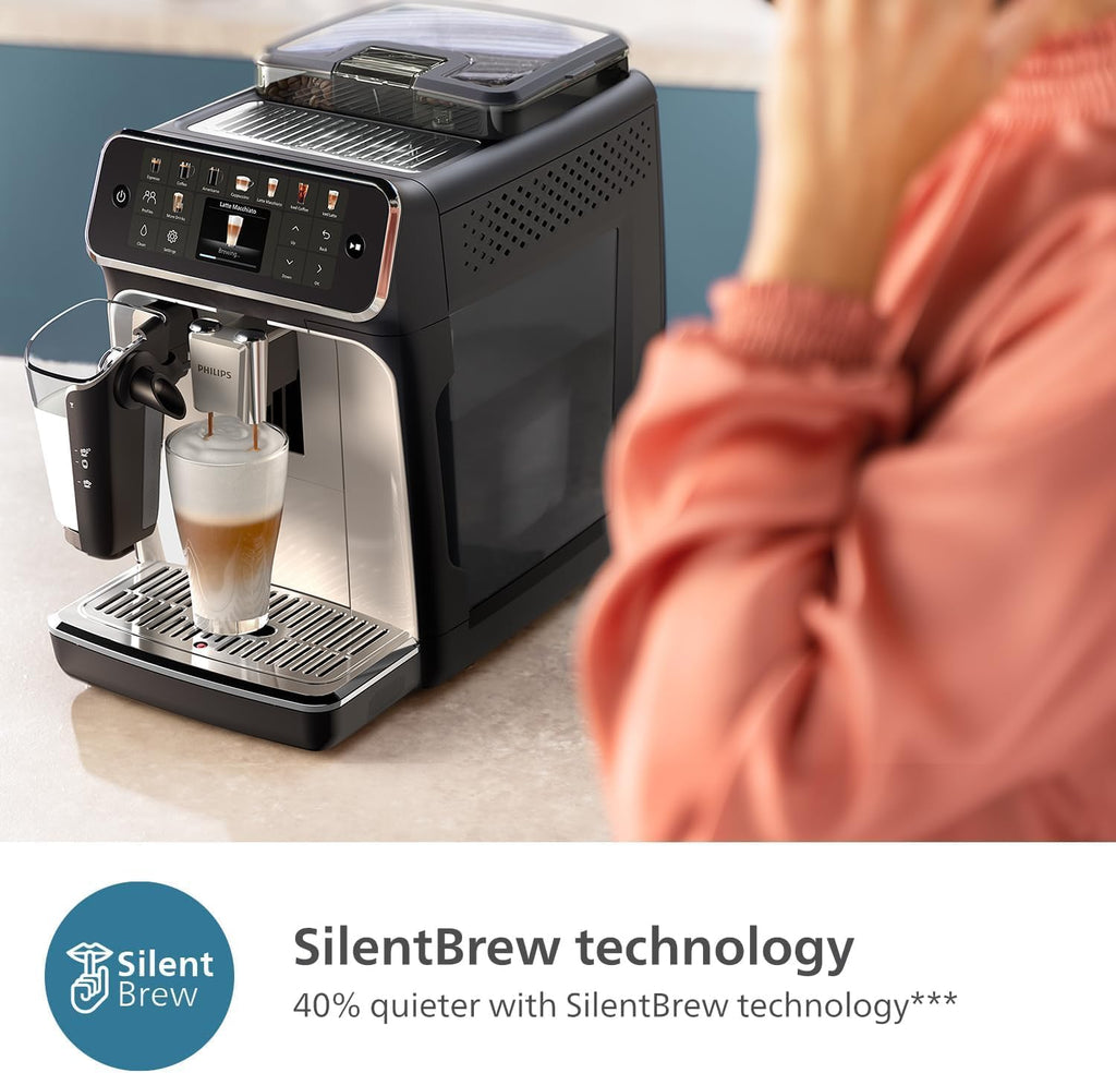 PHILIPS 5500 Series Fully Automatic Espresso Machine - LatteGo Milk System, 20 Coffee Varieties, Intuitive Touch Display, SilentBrew, 100% Ceramic Grinder, AquaClean Filter, Grey Chromed (EP5544/90) (Renewed)