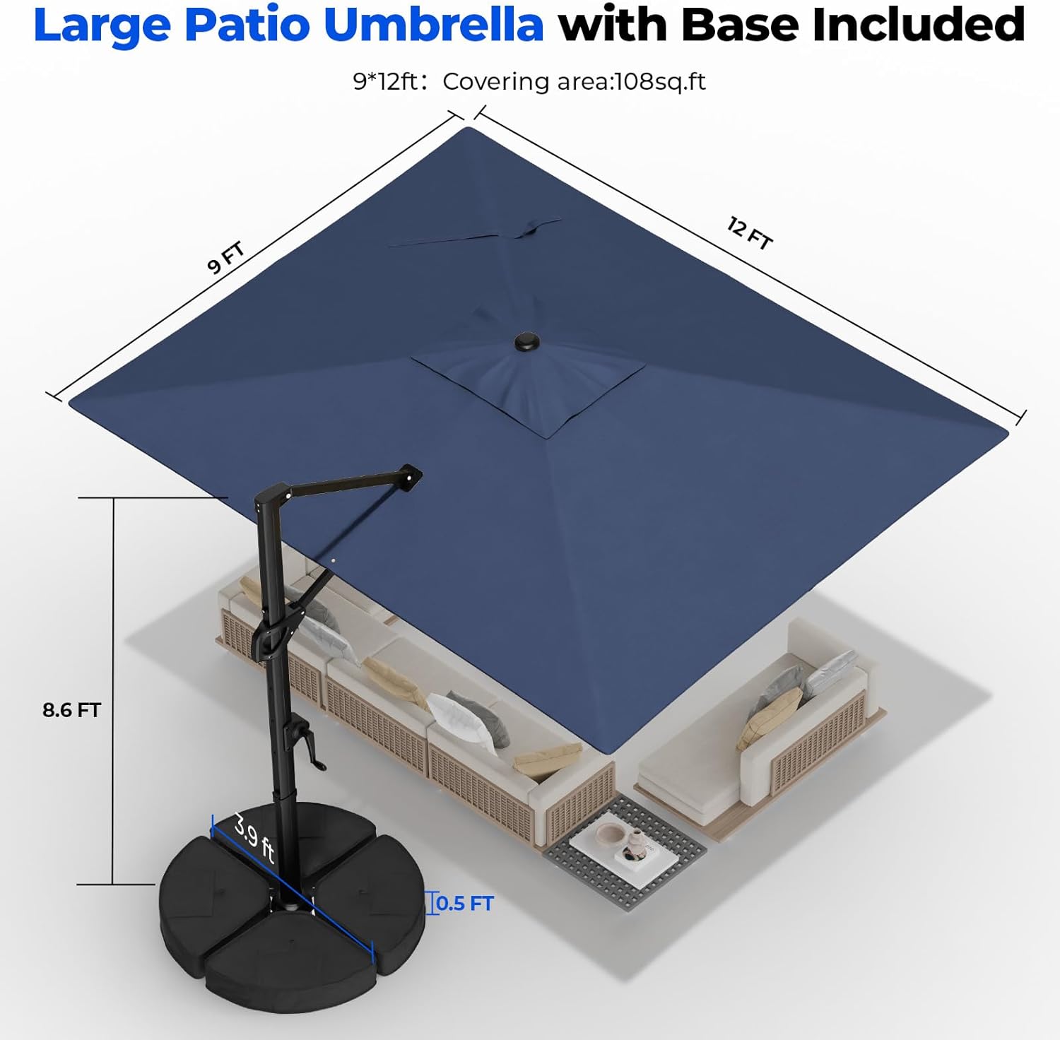 HOMSHADE 9x12FT Cantilever Patio Umbrella Outdoor with Base- Large Offset Heavy-Duty Aluminum Umbrella with 360° Rotation  6 Tilts  Windproof  3-Year Fade Resistance for Pool Deck  Navy Blue