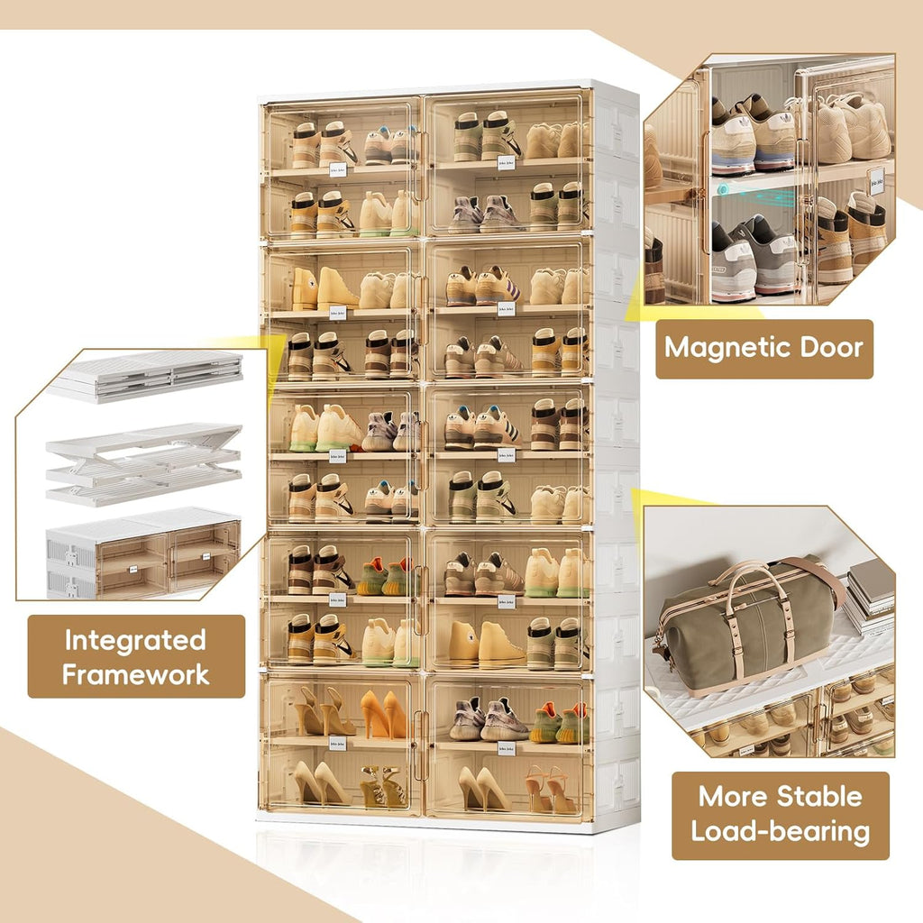 JEKO&JEKO 10 Tiers Foldable Shoe Rack Organizer Cabinet for Closet Entryway, Large Collapsible Shoe Storage Box with Magnetic Doors Fits Up to 40 Pairs (White)