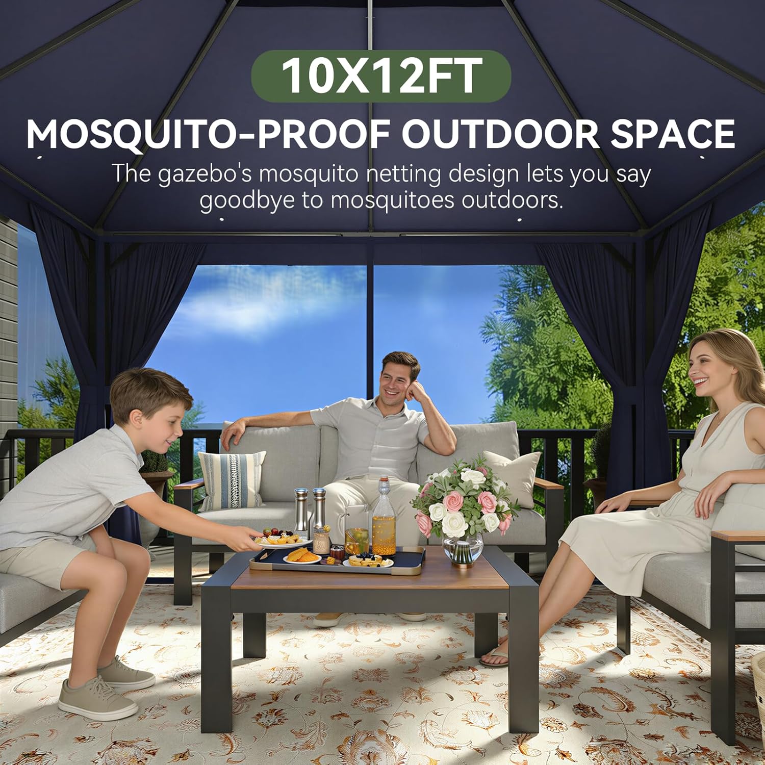 AOXUN Outdoor Gazebo for Patio 10x12 Metal Frame Canopy with Double Roofs Heavy Duty Party Tent and Shelter with Mosquito Netting and Privacy Screen for Backyard  Lawn  Garden  Deck (Navy Blue)