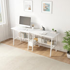 2-Person Writing Desk with Bookshelf - 79" Wooden Extra Long Home Office Work Table, Double Study Computer Workstation with Storage Shelves in White, 79" W x 24" D