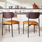 Brown Faux Leather Dining Chairs Set of 4, Armless Upholstered Kitchen Chairs with Wood Grain Back, Modern Dining Room Chairs with Curved Backrest & Black Metal Legs