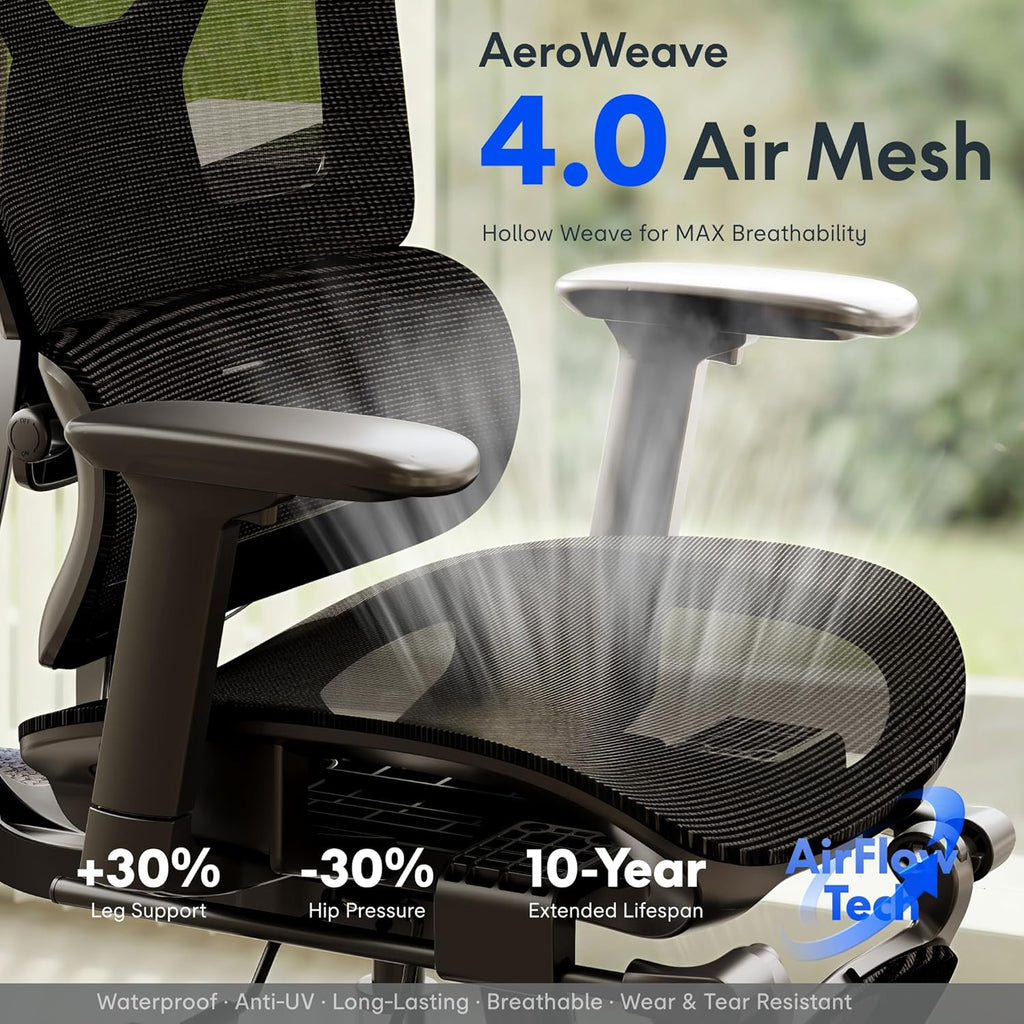 FLEXISPOT ErgoX Premium Ergonomic Office Chair with Footrest- Adjustable 3D Armrests, Dynamic Lumbar Support, Recline & Tilt Function, Mesh Seat, for Home & Office Use,Black
