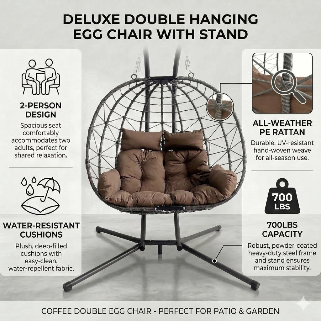 Double Hanging Egg Chair with Stand, 2 Person Oversized Patio Hammock Swing Chair with Plush Cushion and Headrest, Heavy Duty Wicker Loveseat for Indoor, Outdoor, Bedroom, Balcony, Garden (Brown)