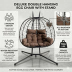 Double Hanging Egg Chair with Stand, 2 Person Oversized Patio Hammock Swing Chair with Plush Cushion and Headrest, Heavy Duty Wicker Loveseat for Indoor, Outdoor, Bedroom, Balcony, Garden (Brown)