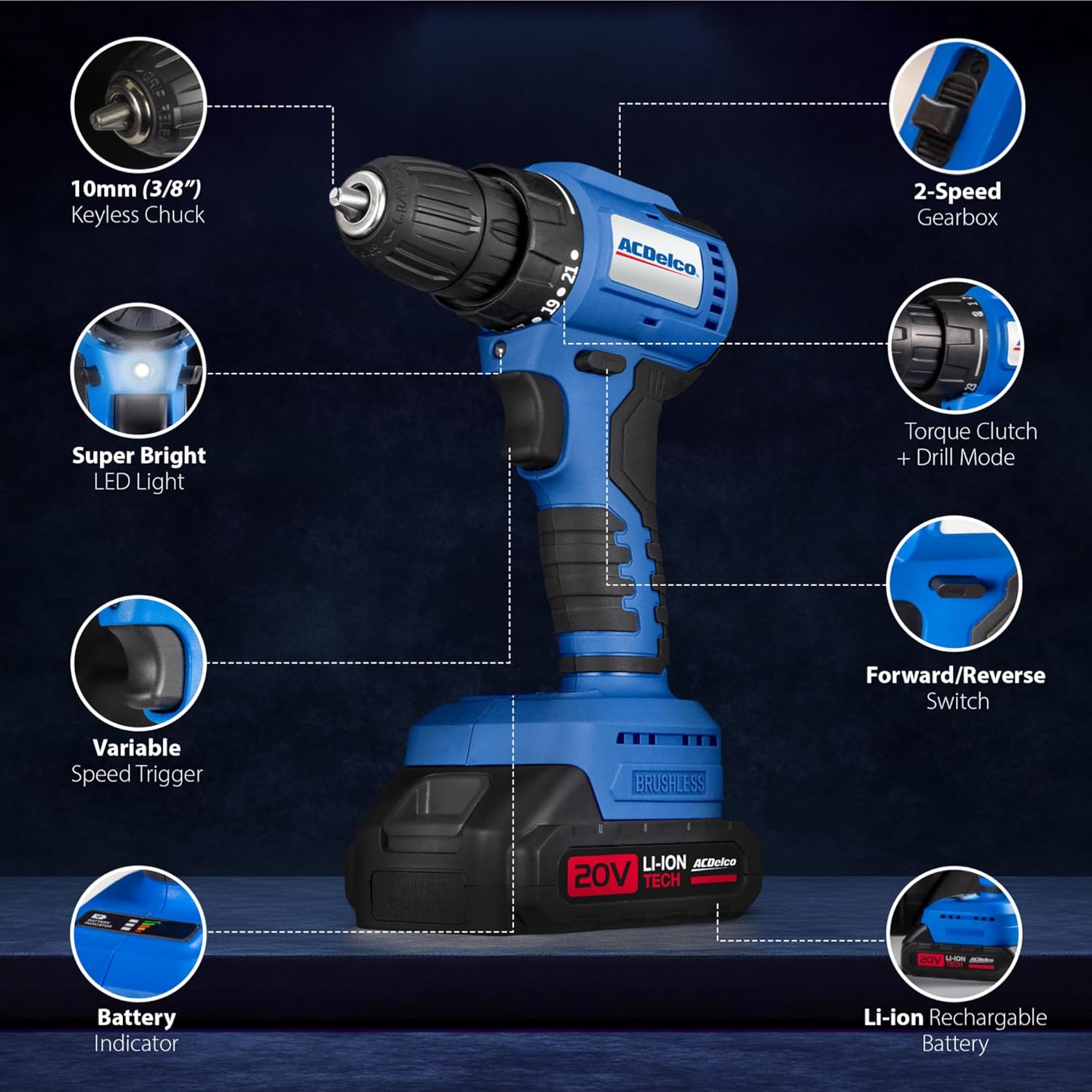 ACDelco Brushless Combo Kit, 251 Ft-lbs (350Nm) Impact Wrench & 400 In-lbs Drill, 1/2" & 3/8" Chuck, (2) 2.0Ah Batteries & Charger, 2600 RPM, 20V 2-Tool Power Kit, ARI20132-K1