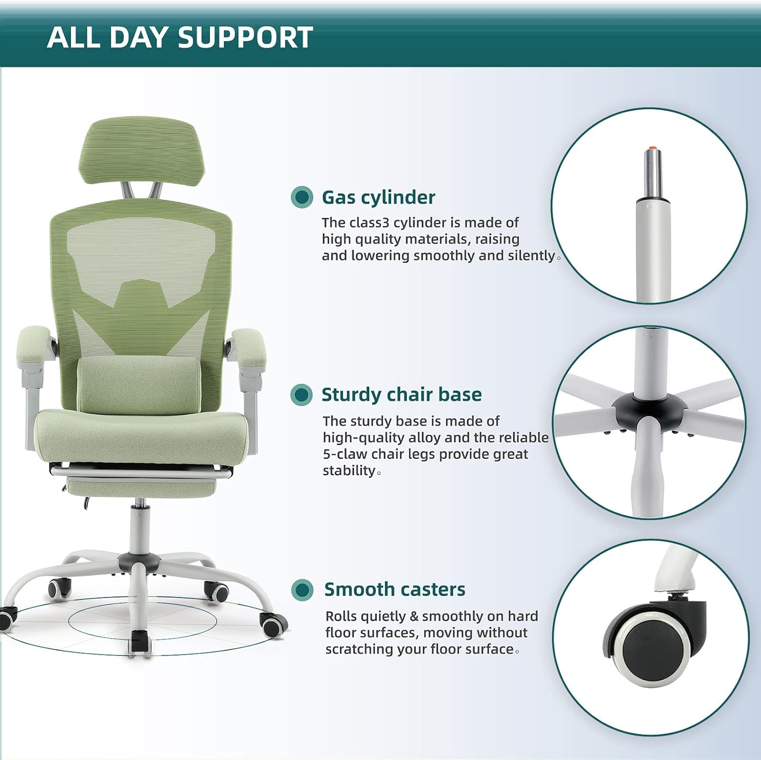 DUMOS Home Office Desk Chair with Footrest, High-Back Mesh Rolling Swivel Reclining Chairs with Wheels, Comfortable Headrest, Lumbar Support, Comfy Arms for Home, Office, Gaming, Elegant Green