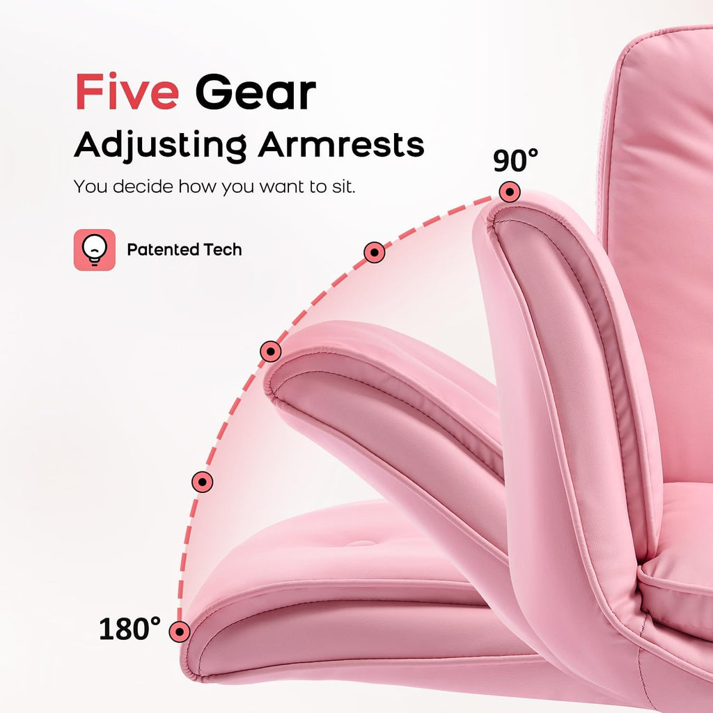 amseatec Criss Cross Chair with Armrests & Wheels, PU Leather Vanity Chair, Comfortable Adjustable Swivel Computer Office Desk Chairs for Home, Make Up, Bed Room (Pink)