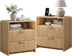 24" Fluted Nightstand Set of 2 with Charging Station, Bedside Table with Metal Handle, NightStand with 2 Drawer and Shelf, End Table for Bedroom, Curved Profile, Natural Oak