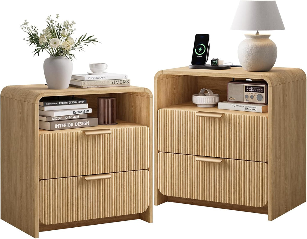 24" Fluted Nightstand Set of 2 with Charging Station, Bedside Table with Metal Handle, NightStand with 2 Drawer and Shelf, End Table for Bedroom, Curved Profile, Natural Oak