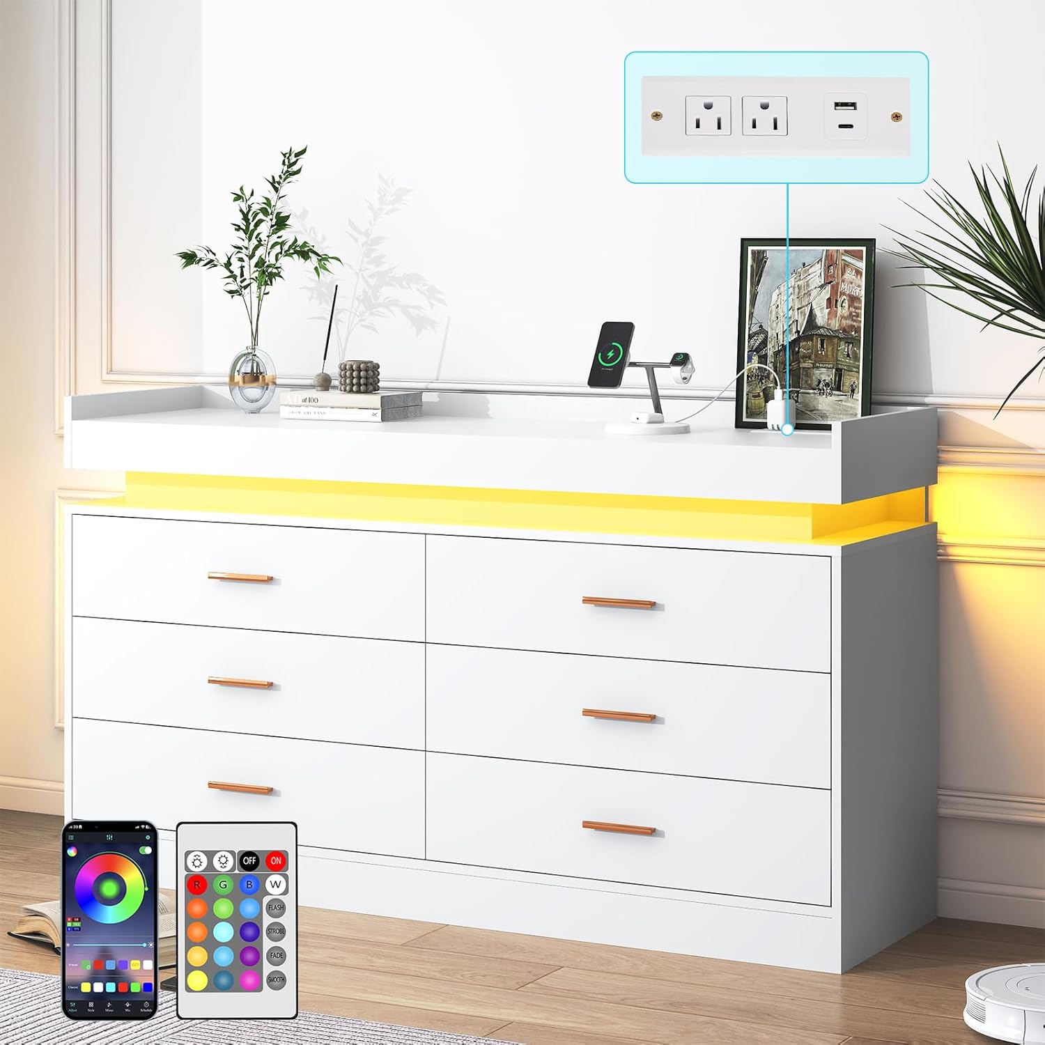 6 Drawer Dresser with Charging Station and LED Lights, Modern Chest of Drawers with Power Outlet, Organizer Cabinet for Bedroom, Living Room, White