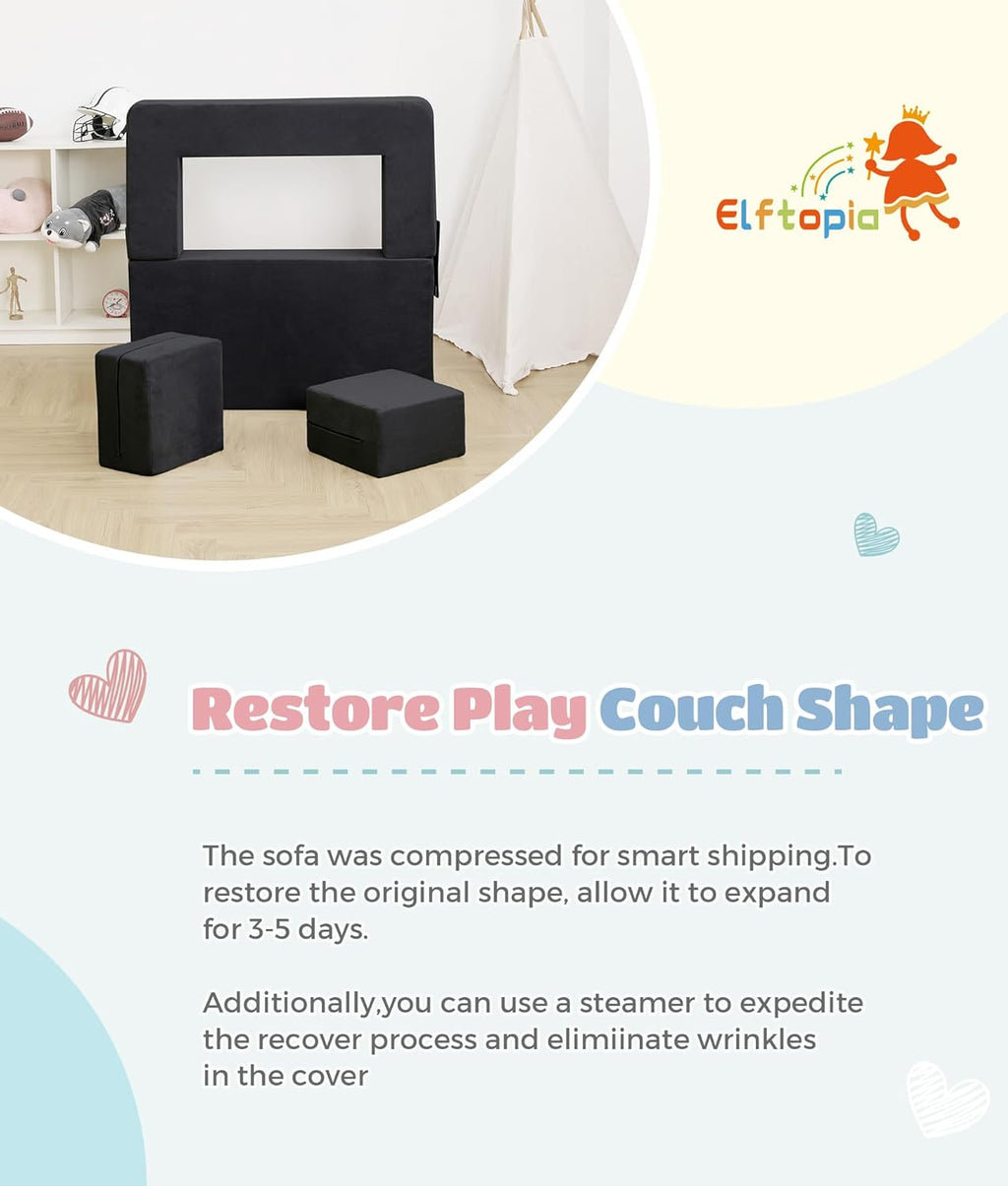 Elftopia Modular Kids Sofa,Toddler Couch Foam Armchair for Kids, Children Convertible Plush Sofa Play Set,Fold Out SofaBed(Black)