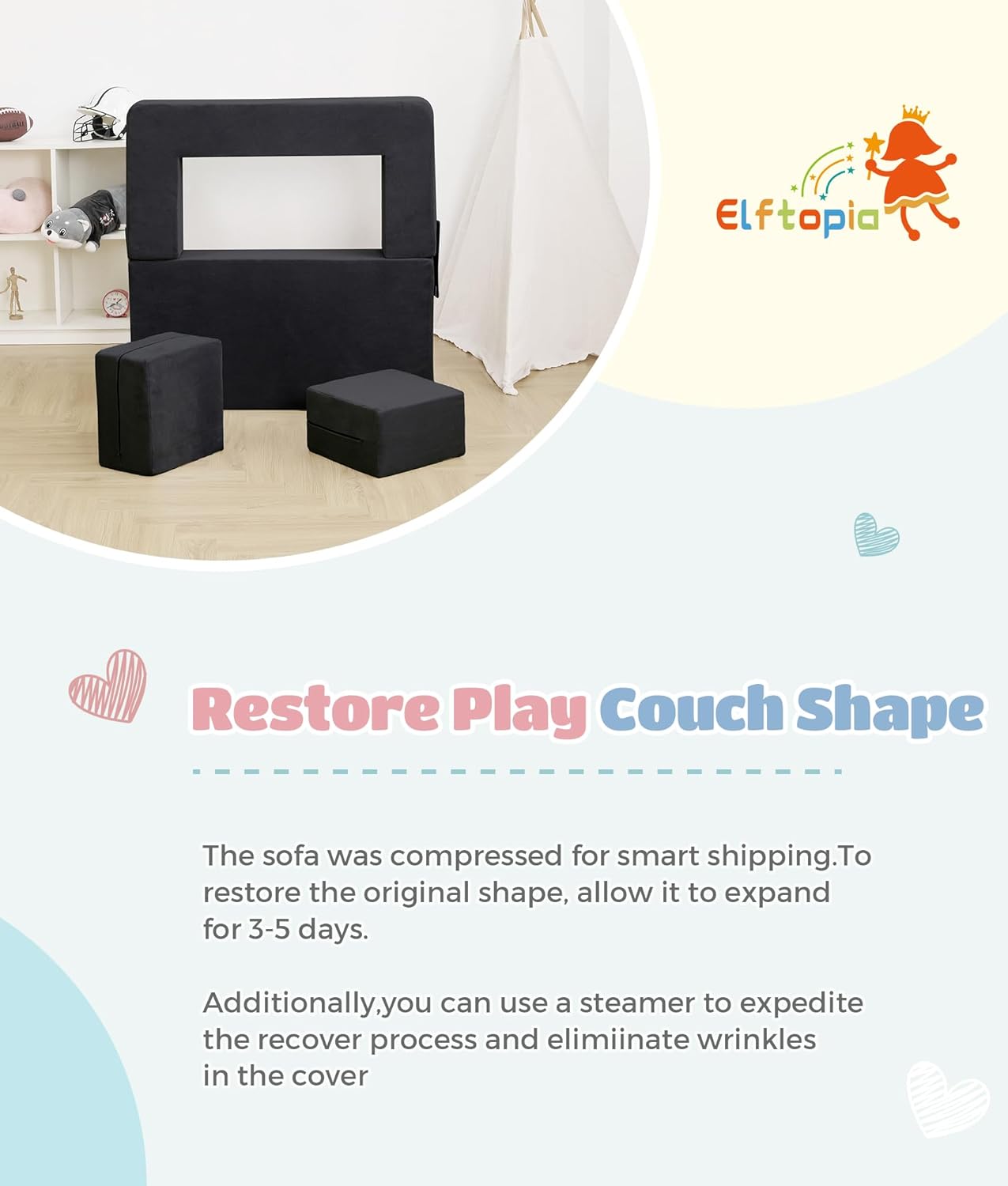 Elftopia Modular Kids Sofa,Toddler Couch Foam Armchair for Kids, Children Convertible Plush Sofa Play Set,Fold Out SofaBed(Black)