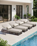 Luxury Outdoor Chaise Lounges with 5 Inch Thickened Cushions - Set of 4 High Back Brown Wicker Patio Recliners Rattan Reclining Chairs Porch Poolside Pool Sunbathing Lounger- Beige
