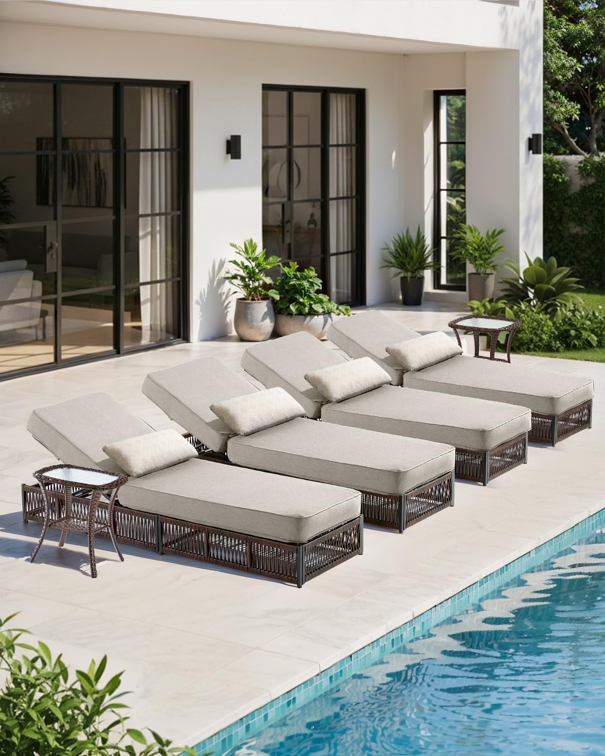 Luxury Outdoor Chaise Lounges with 5 Inch Thickened Cushions - Set of 4 High Back Brown Wicker Patio Recliners Rattan Reclining Chairs Porch Poolside Pool Sunbathing Lounger- Beige
