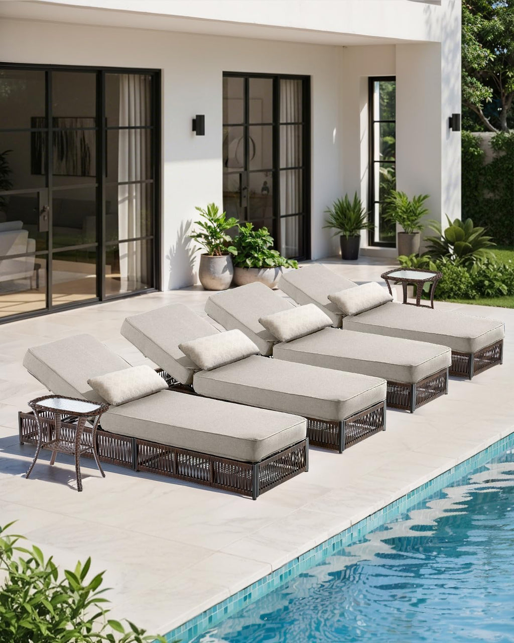 Luxury Outdoor Chaise Lounge with 5 Inch Thickened Cushions - 1 Set High Back Brown Wicker Patio Recliners Rattan Reclining Chairs Porch Poolside Pool Sunbathing Lounger - Beige