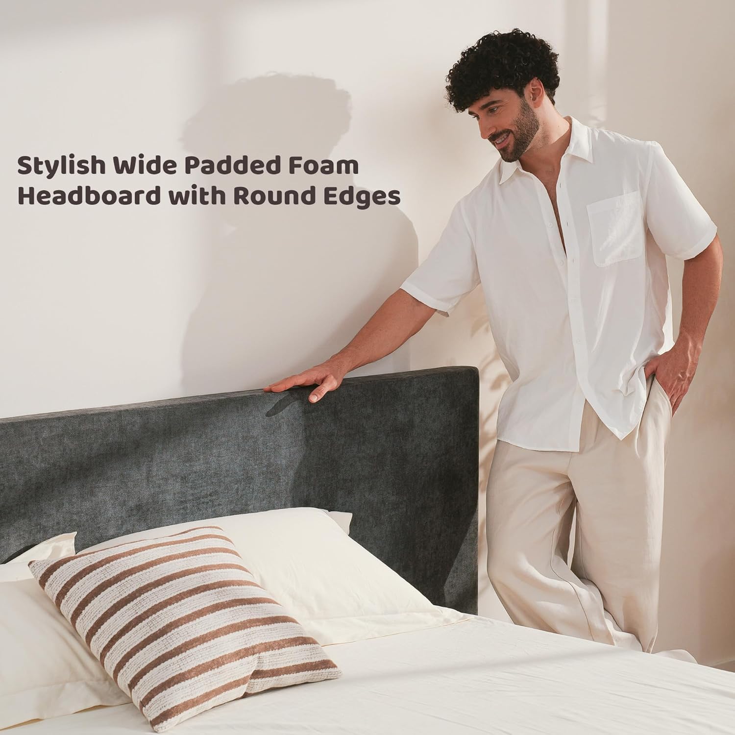 RECCI Cloud King Bed Frame with Extra Wide Headboard, 5 Inch Foam Fully Cushioned Platform, Easy Assembly, No Box Spring Needed