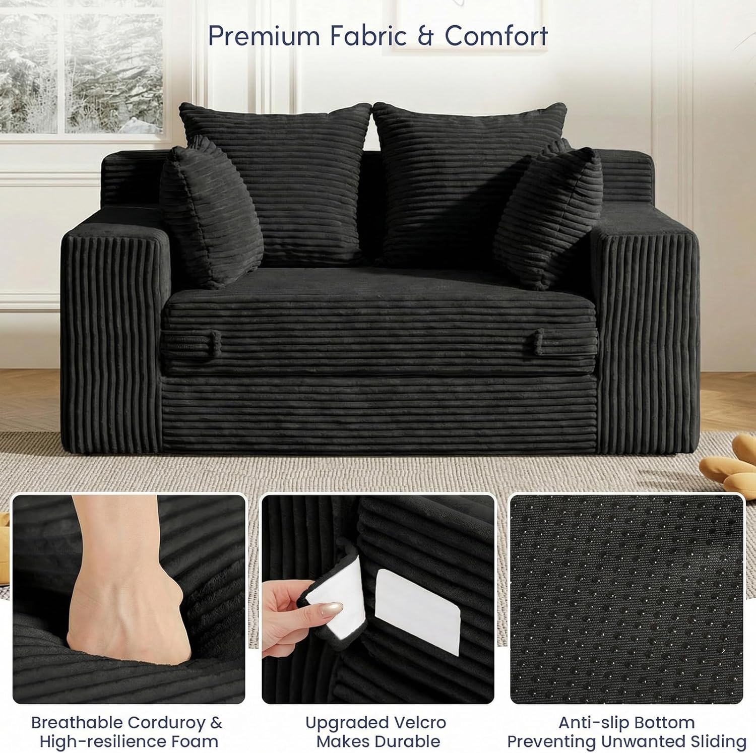 Boneless Couch Loveseat Sleeper, Convertible Sofa Bed Folding Couch Bed Foldable, 2 in 1 Boneless Chair Bed & Futon Sofa Bed, Small Pull Out Sofa with 4 Pillows for Living Room, Black | No Assembly, Convertible, 2 in 1, Pull Out Handle, 4 Pillows