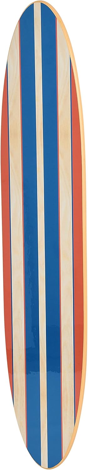 Creative Co-Op Coastal Decorative Surfboard Wall Décor, Red & Blue Stripes Overlaid On Natural Wood, Hangs Vertical or Horizontal