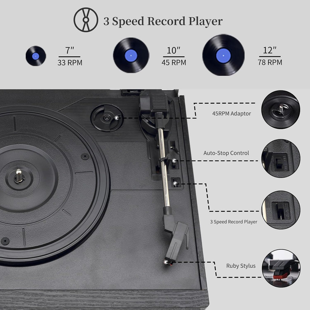 9 in 1 Record Player with External Speakers 3 Speed Bluetooth Turntable Vinyl Player with CD/Cassette Play AM/FM Radio  USB SD/MMC Play  Aux-in/RCA Line Out