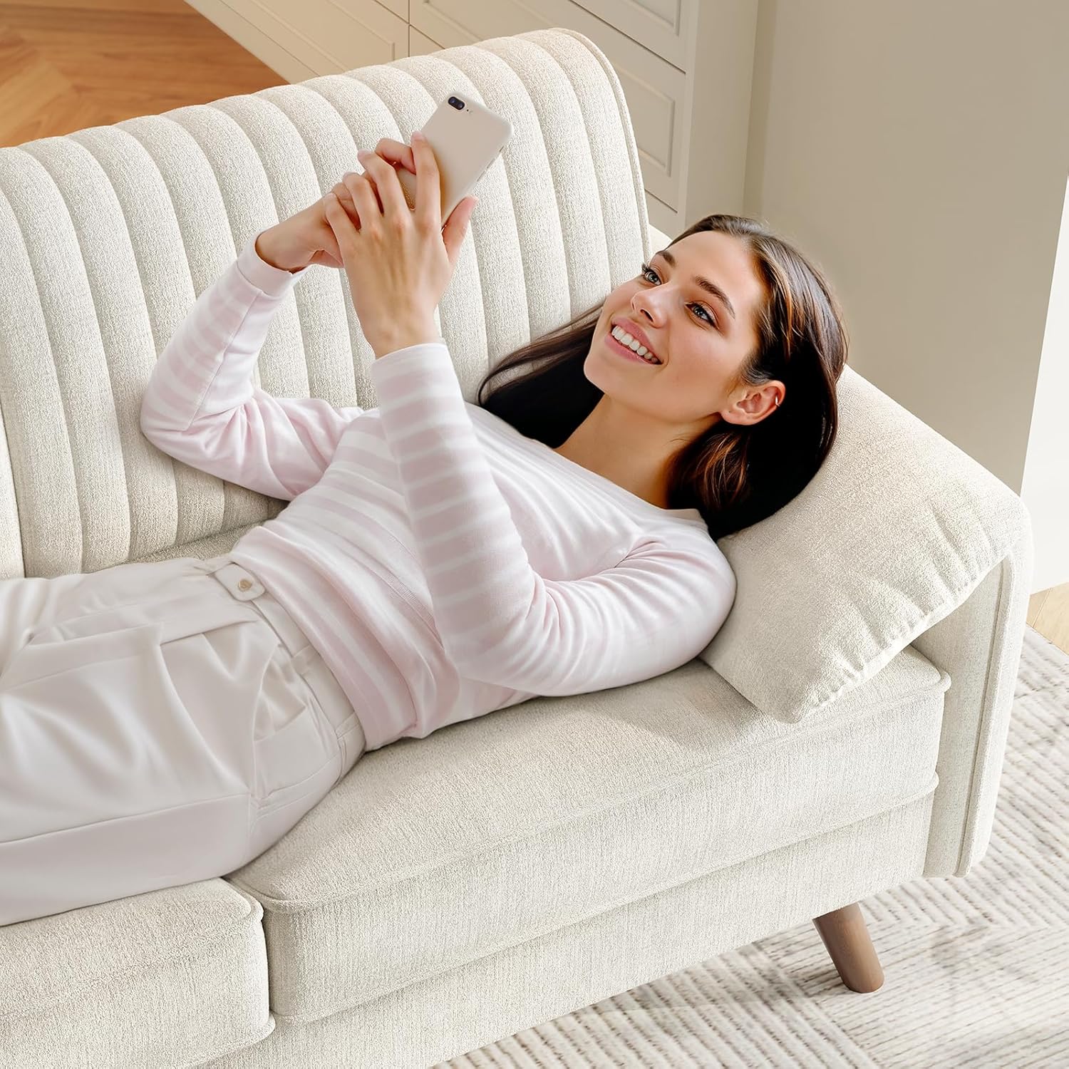 ONBRILL 64.5" Loveseat Sofa, Chenille Loveseat Couch for Living Room, 23.2" Deep Seat Love Seat with Padded Arms, Comfy Modern Small Couches for Bedroom, Small Spaces, Dorms, Office, Beige