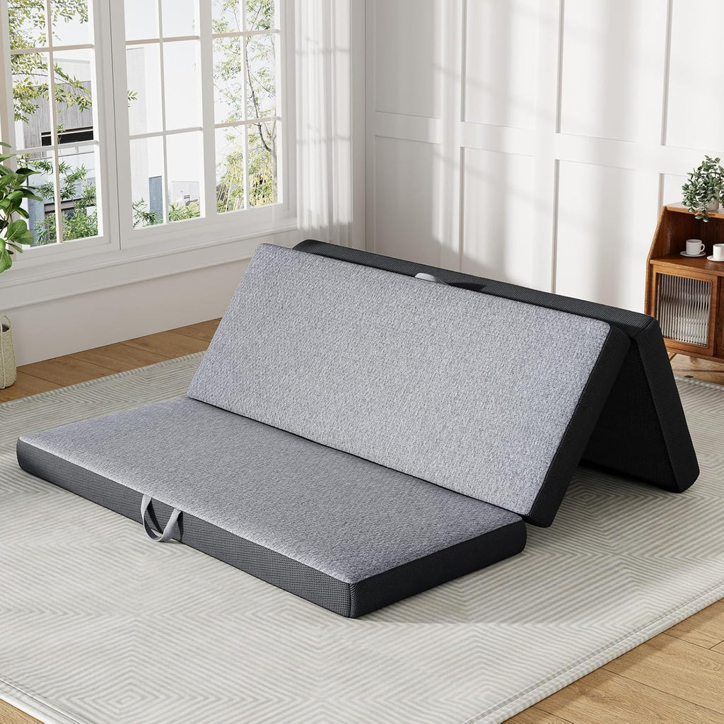 Trifold Mattress Queen Size 4 Inch - Foldable Memory Foam Mattress for Camping, Travel, RV, Guest Bed & Yoga - No Slip Bottom, Washable Cover with Handles - Portable Folding Floor Cushion 78"x58"x4"