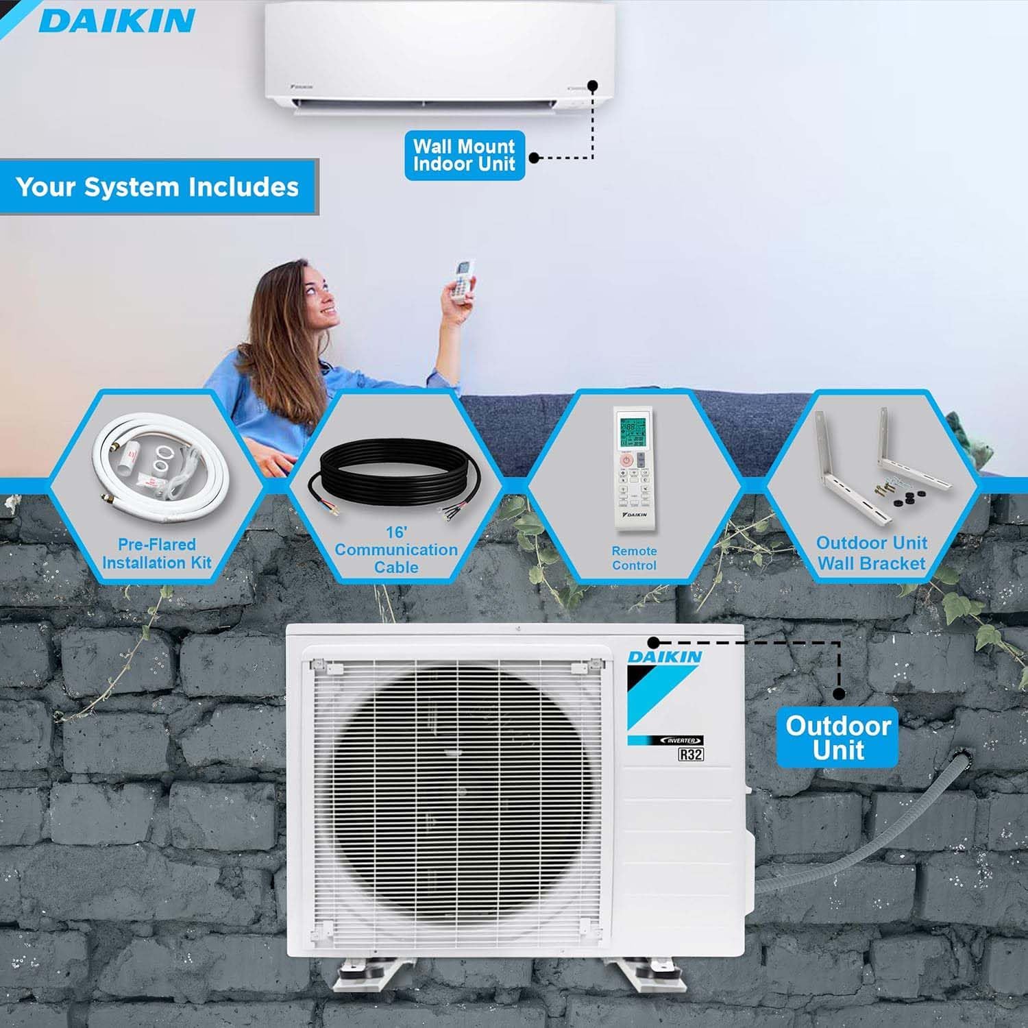 Daikin 12,000 BTU 18 SEER2 Entra R32 Series Ductless Mini Split Heat Pump System w/Maxwell All-Inclusive 15' Installation Kit and Wall Mounting Bracket (230V), White, RXC12+FTXC12+IKM1438+WAFP24