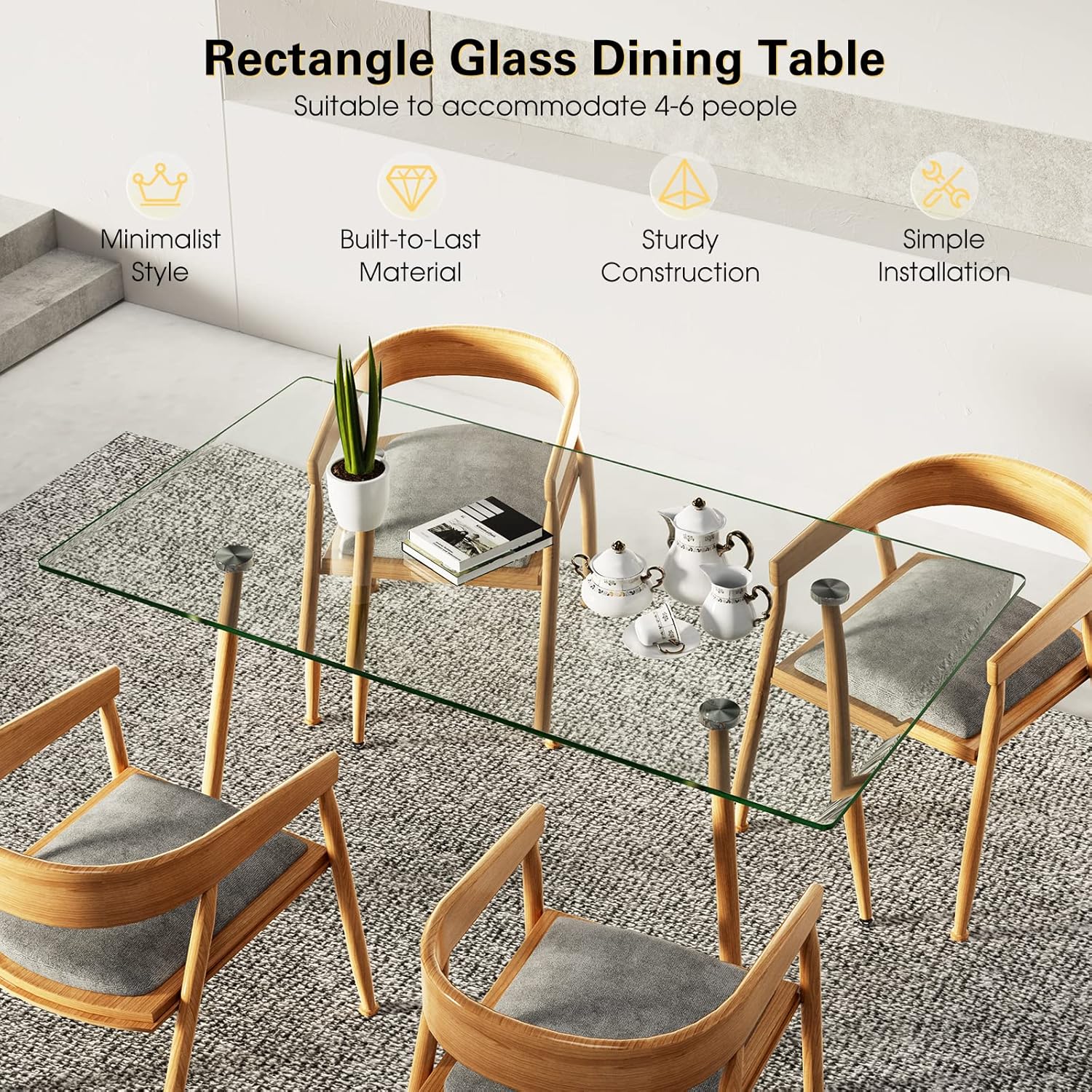 COSTWAY 51 Inch Glass Dining Table, Modern Rectangle Kitchen Table w/Wood-Like Steel Legs & Spacious Tabletop, Dining Room Table for Home, Office, Study