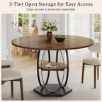 47.2" Round Dining Table for 4-6, Circle Kitchen Table with Open Storage Shelf, Modern Wooden Dinner Table with Metal Pedestal Base, Dining Room Tables for Kitchen Small Space, Walnut