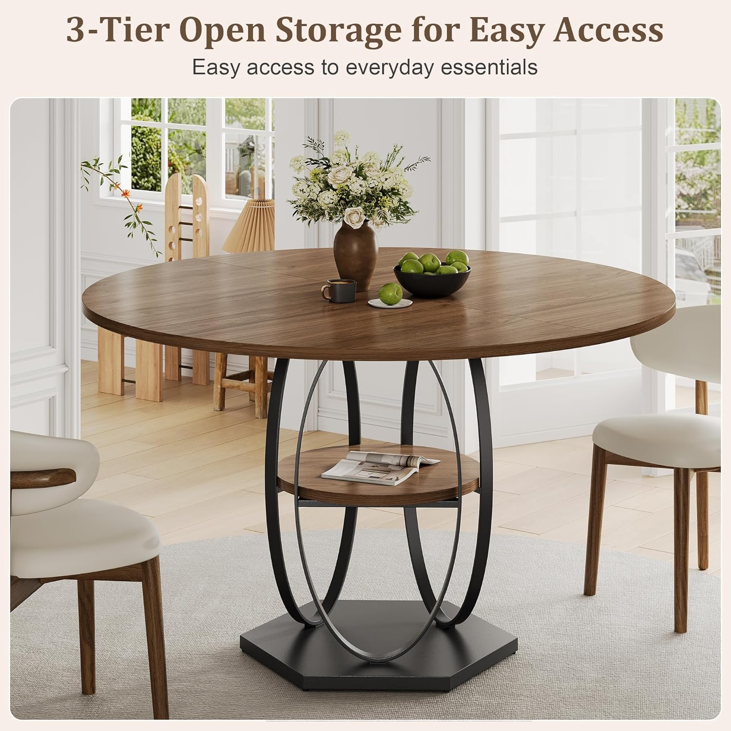 47.2" Round Dining Table for 4-6, Circle Kitchen Table with Open Storage Shelf, Modern Wooden Dinner Table with Metal Pedestal Base, Dining Room Tables for Kitchen Small Space, Walnut