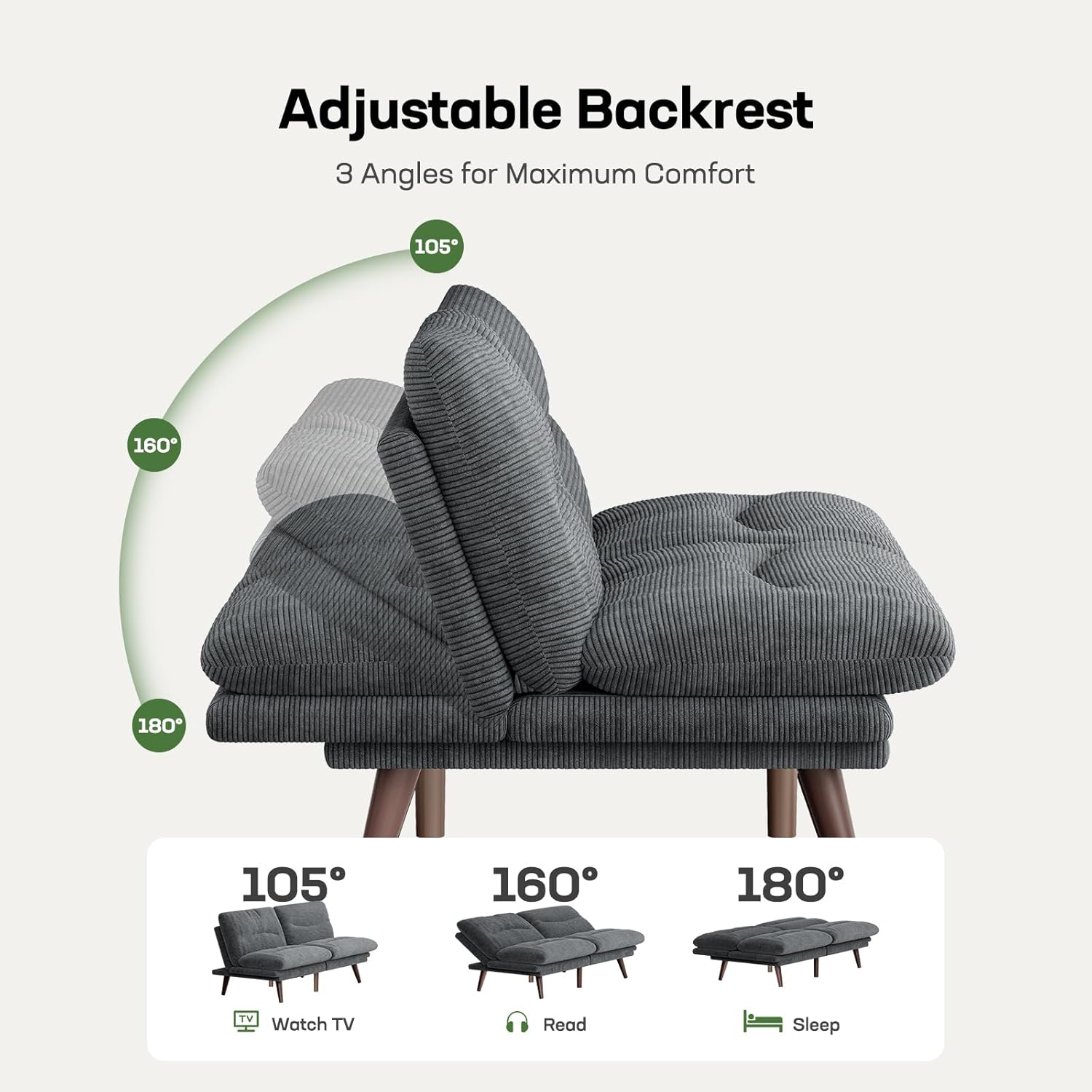 Marsail 66" Futon Sofa Bed, Convertible Corduroy Futon Couch with Adjustable Backrest & Armrests, Small Sleeper Sofa Loveseat for Living Room, Apartment, Office, Grey