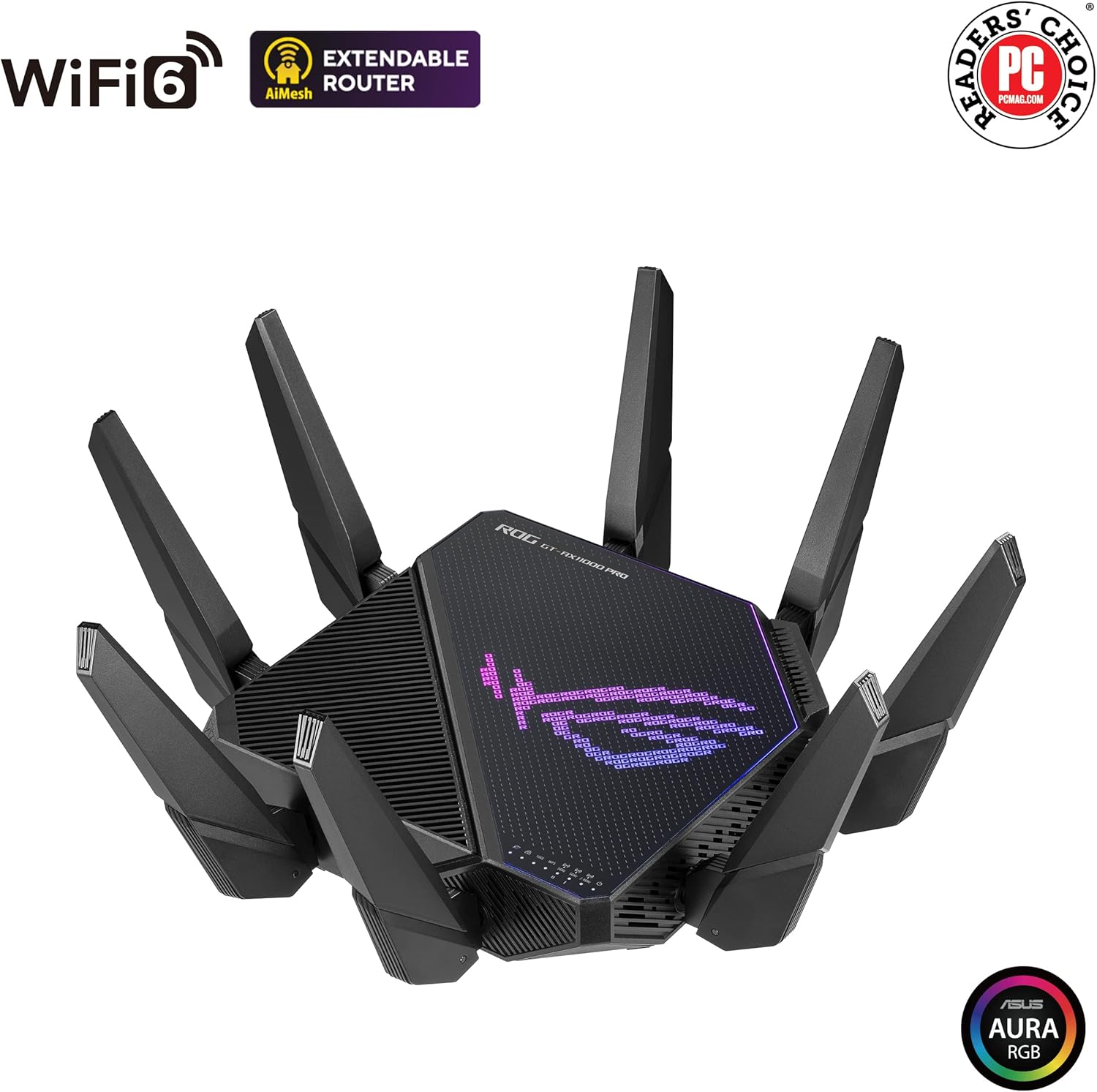 ASUS ROG Rapture GT-AX11000 Pro Tri-Band WiFi 6 Extendable Gaming Router  10G & 2.5G Ports  ASUS RangeBoost Plus  Triple-Level Game Acceleration  Subscription-Free Network Security  AiMesh Compatible
