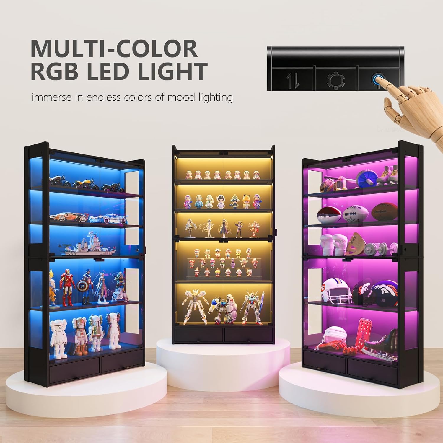 Glass Display Cabinet 69''H with LED Lights, 5-Tier Showcase with Drawers, Collectible Figure Display Case, Freestanding Curio Cabinet, Tall Storage Shelves, Black, 27.6''W