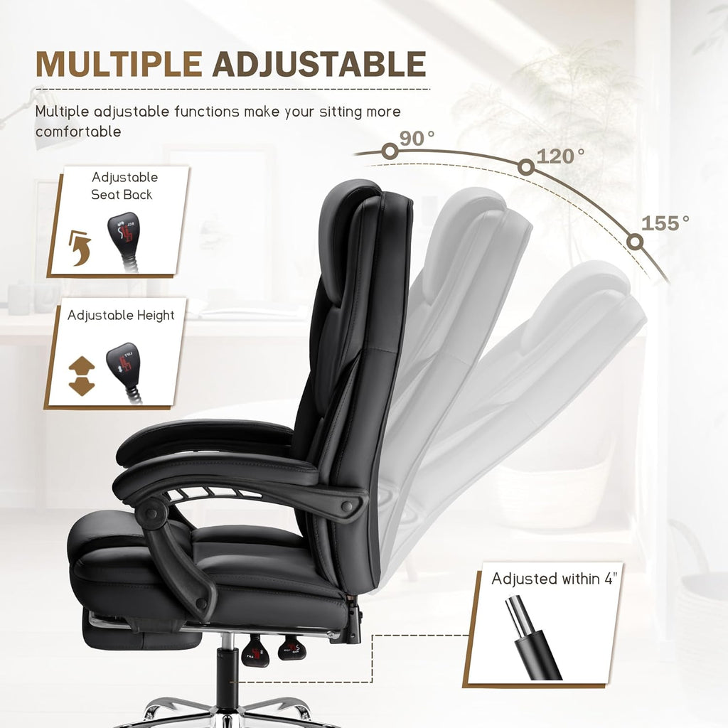 Furmax Executive Office Chair with Foot Rest Big and Tall Office Chair Ergonomic Home Office Desk Chairs Reclining High Back Leather Chair with Lumbar Support, 400LBS (Black)