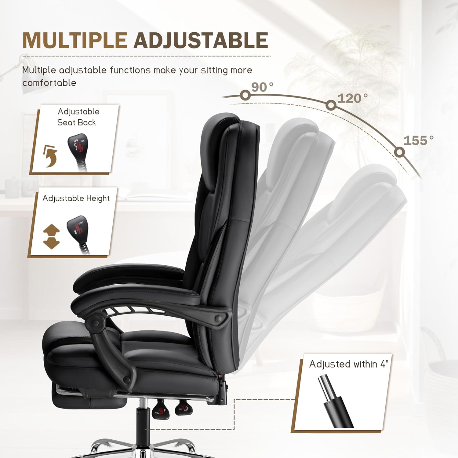 Furmax Executive Office Chair with Foot Rest Big and Tall Office Chair Ergonomic Home Office Desk Chairs Reclining High Back Leather Chair with Lumbar Support, 400LBS (Black)