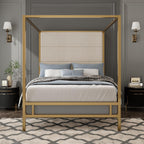 Merax King Size Gold Metal Canopy Bed Frame, Modern Upholstered Linen Headboard with Tall Back Support, 800 lbs Weight Capacity, Luxurious 4-Poster Bedroom Furniture for Modern Home, Gold+Tan